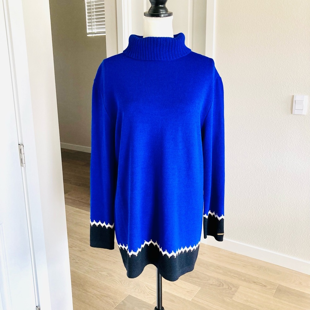 Vintage ST. JOHN Sport Royal Blue and Black Turtleneck Cowl Neck Long Sweater